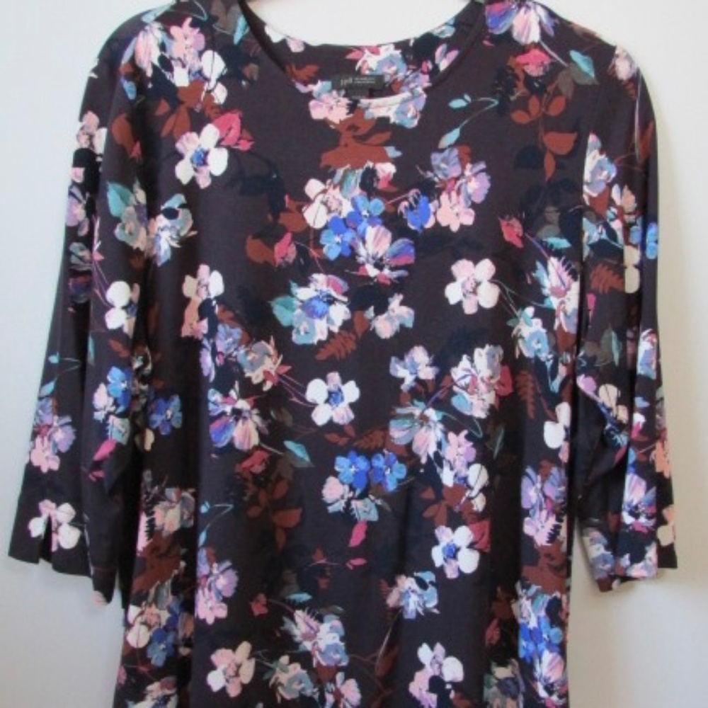 J Jill Wearever Large 3/4 sleeve Brown Floral Top - EUC